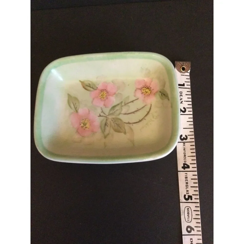 Vintage HALL ceramic soap dish signed J Midler floral pastels green pink 1730